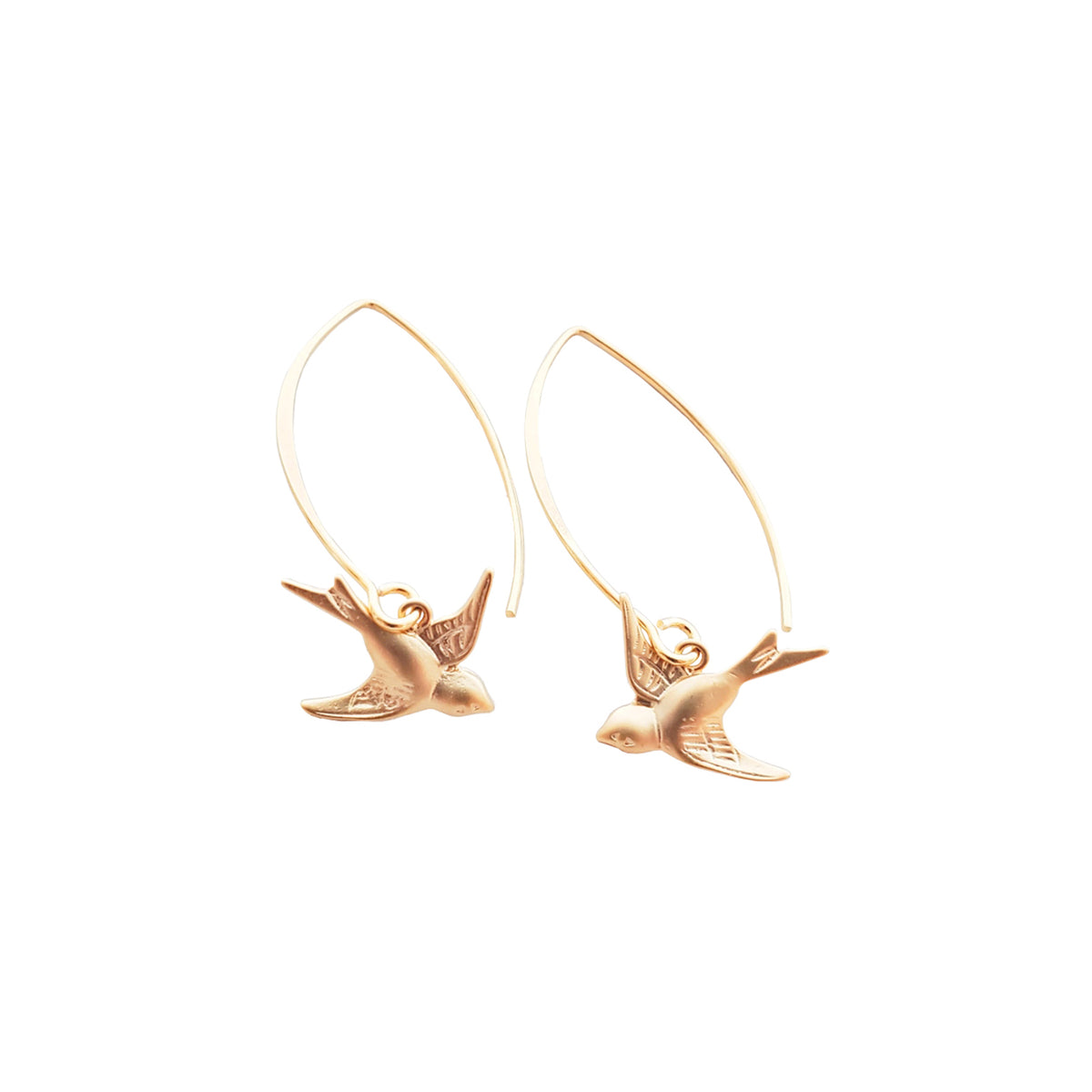 Gold bird-shaped earrings on a white background