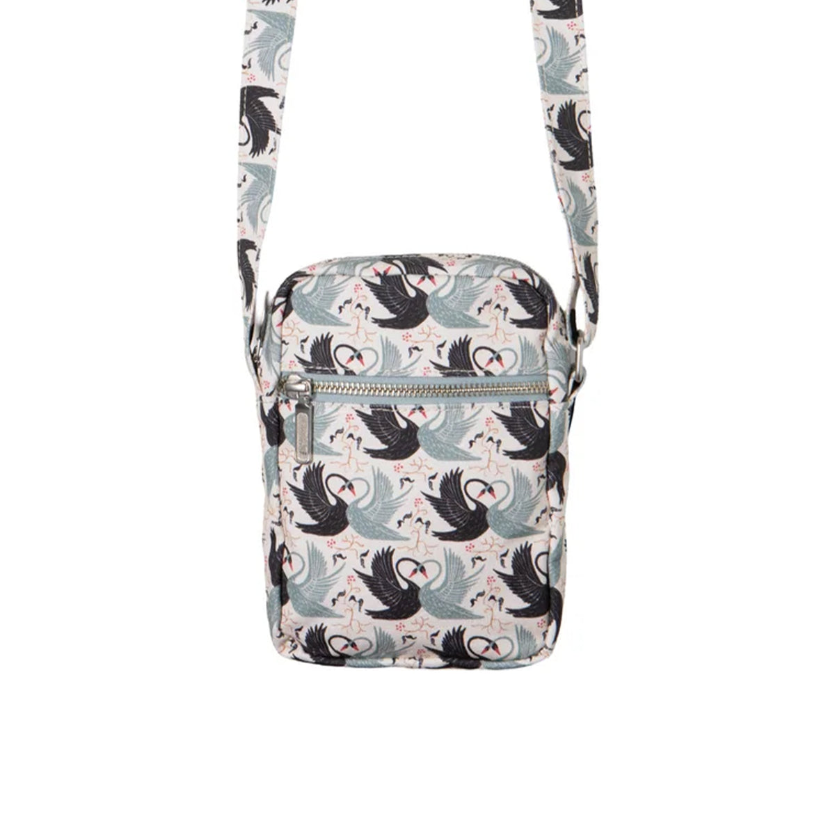 A canvas crossbody bag with a print of intertwined black and white swans on a white background.