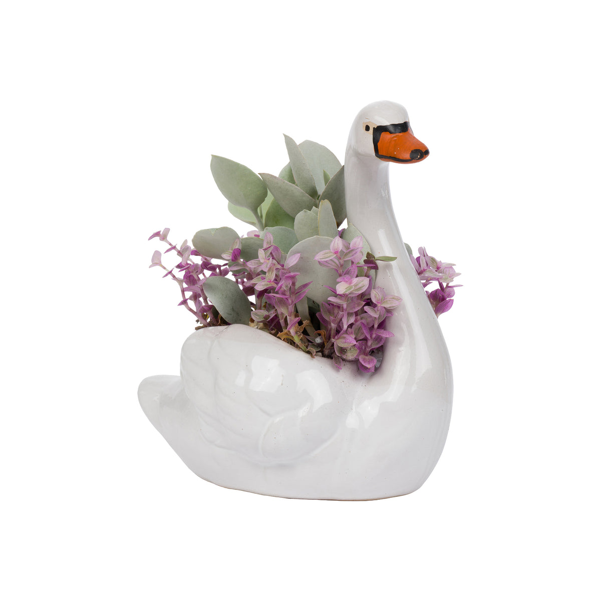A white ceramic swan-shaped planter with an orange beak, filled with green succulents and small purple flowers, shown on a plain white background.