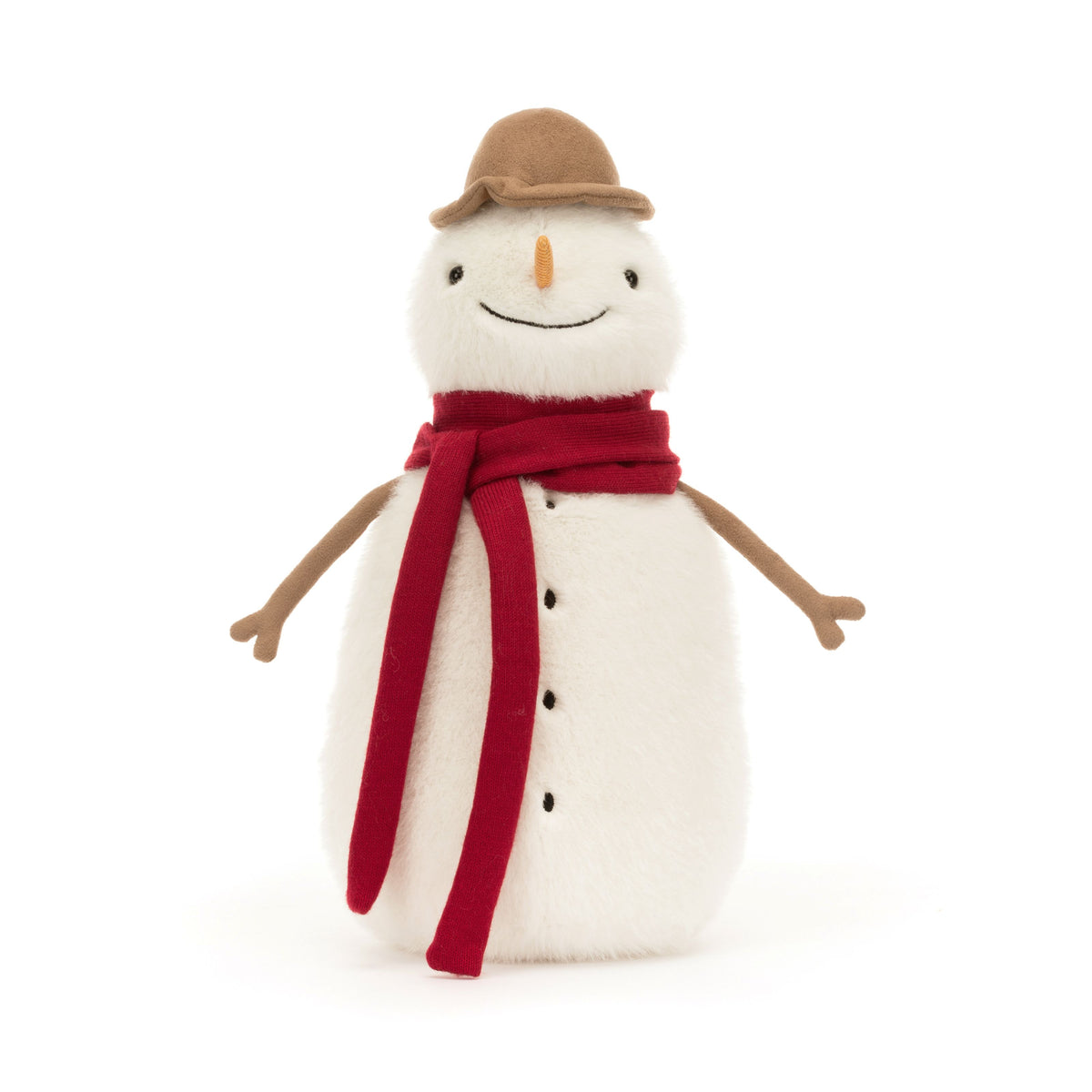 Plush Jellycat snowman toy with a red scarf and brown hat on a white background
