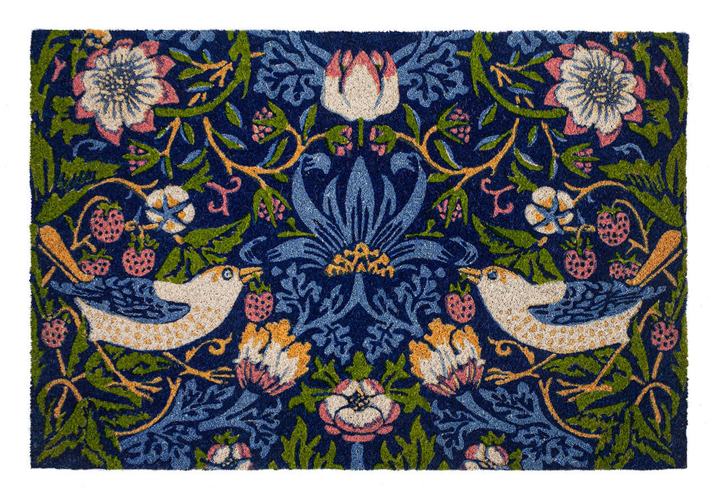 Strawberry Thief Coir Doormat 24x36. The intricate “Strawberry Thief,” with its mischievous birds is inspired by one of the most iconic works of the Arts and Crafts Movement, by William Morris (1834-96), who based his design on the thrushes he saw stealing strawberries from the grounds of his Oxfordshire home.