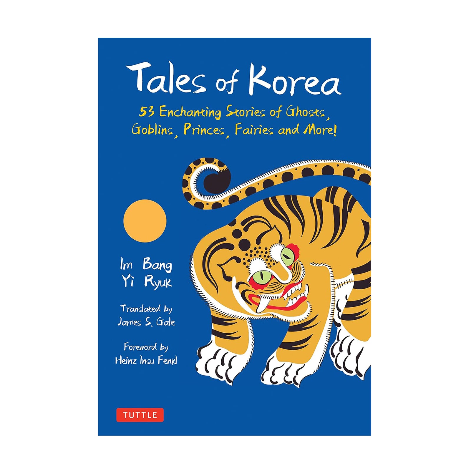 Book cover of 'Tales of Korea' with a tiger illustration on a blue background
