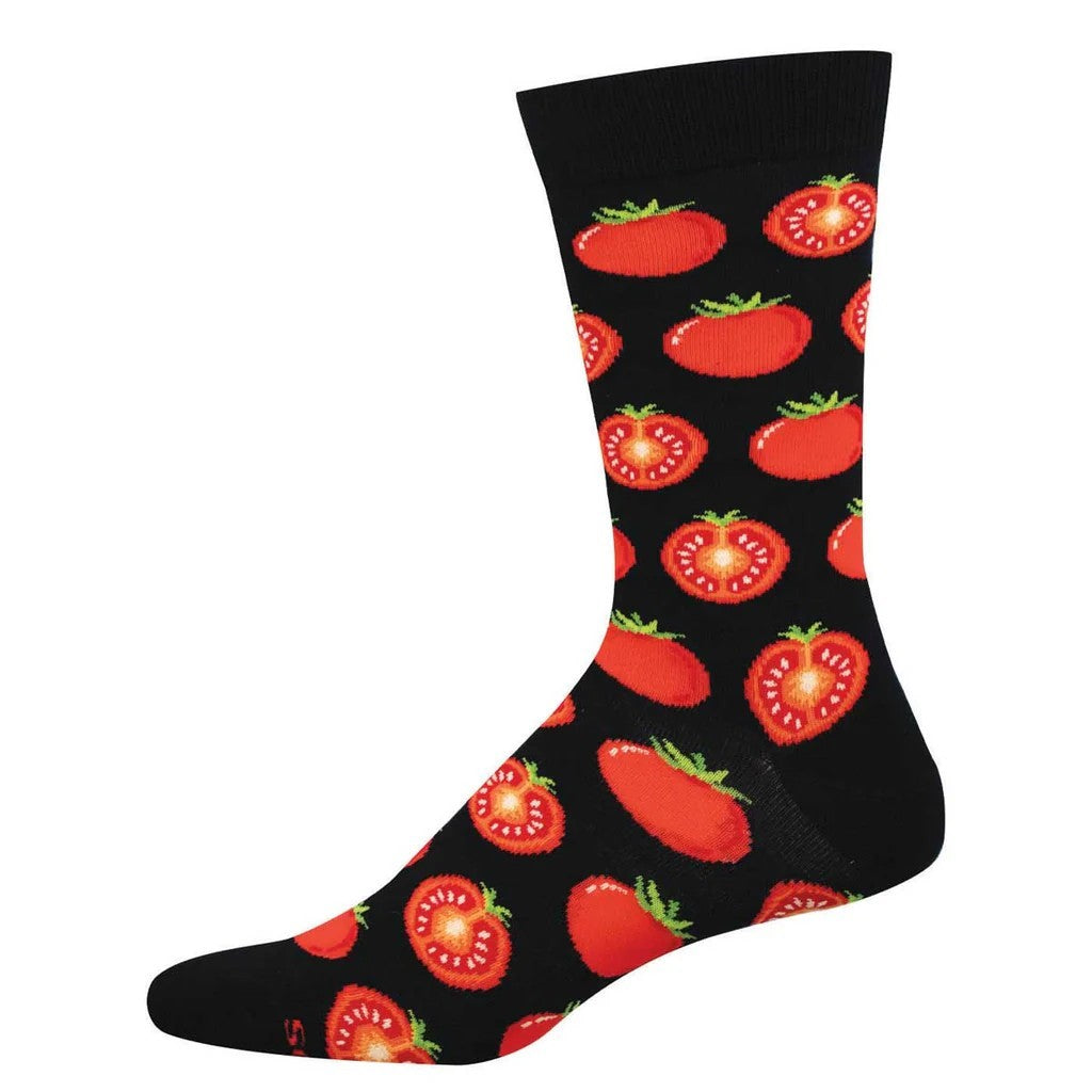 Black sock with red tomato pattern on a white background