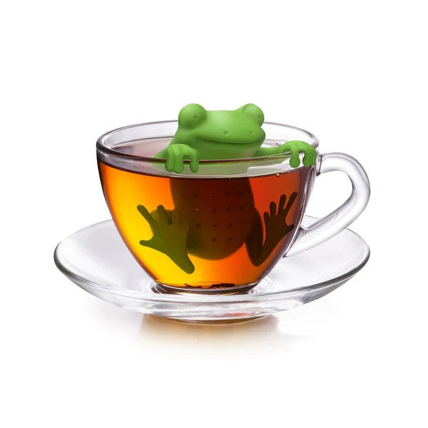Hippi-tea, hoppi-tea. Heighten your tea experience by leaps and bounds with this unfrogettable tea infuser! Fill the Tea Frog with your favorite loose-leaf tea, hang it on the rim of your teacup or mug, and enjoy his ribbiting company. Tea Frog is constructed from heat-resistant, BPA-free silicone and is microwave and dishwasher safe.