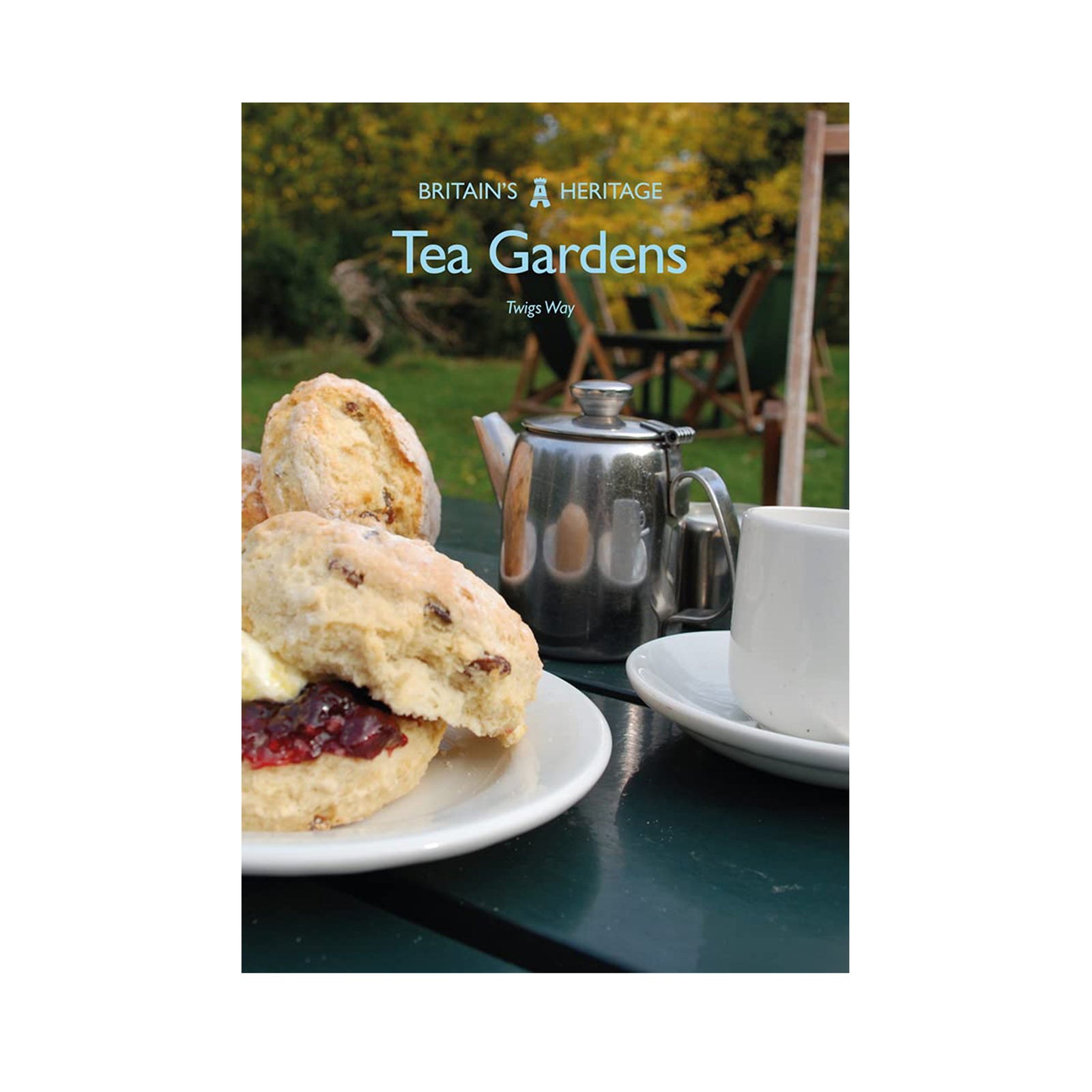 Tea Gardens book cover with scones and tea set on a table