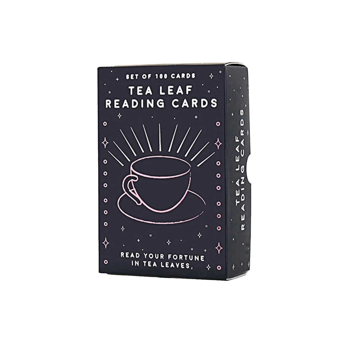 A box of Tea Leaf Reading Cards on a plain white background. The box is dark navy blue with pink line art of a teacup and white text.