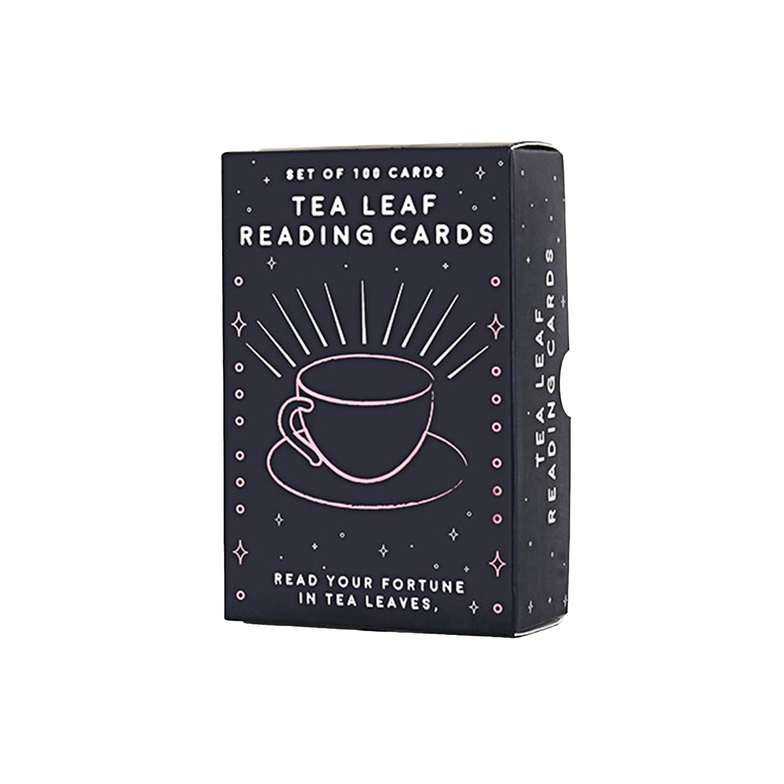 A box of Tea Leaf Reading Cards on a plain white background. The box is dark navy blue with pink line art of a teacup and white text.