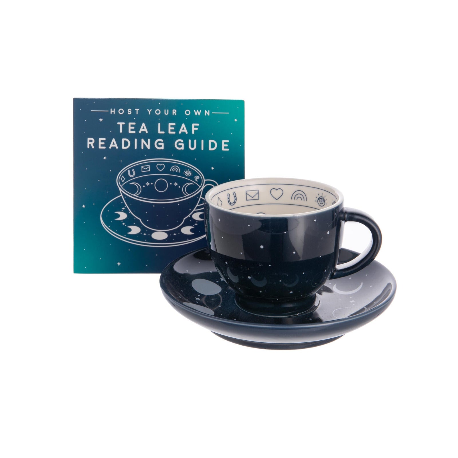 Navy blue tea cup and saucer set with a 'Tea Leaf Reading Guide' on a white background