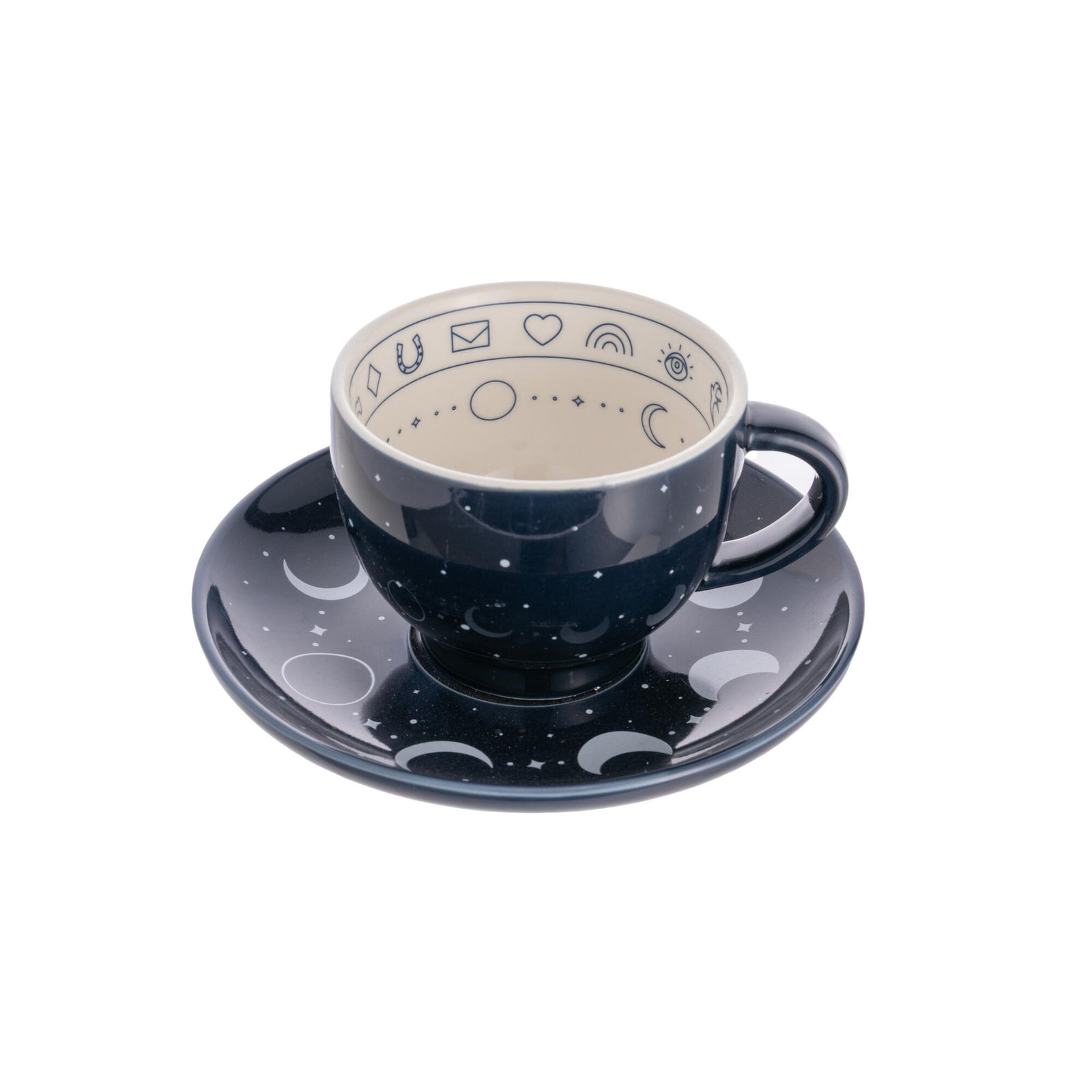 Navy blue tea cup and saucer set with a 'Tea Leaf Reading Guide' on a white background