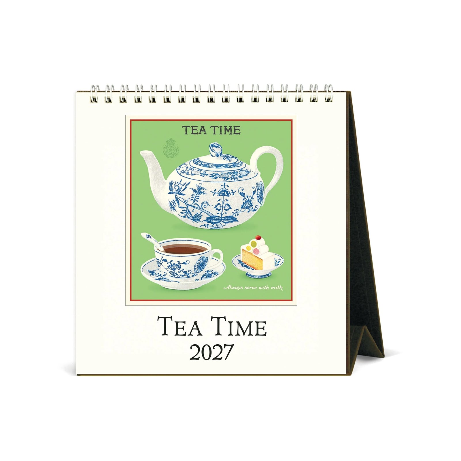 A spiral-bound 2027 desk calendar titled 'TEA TIME' shown standing on its black easel stand against a white background. The cover features a vintage blue-and-white teapot and cup illustration on a light green panel.