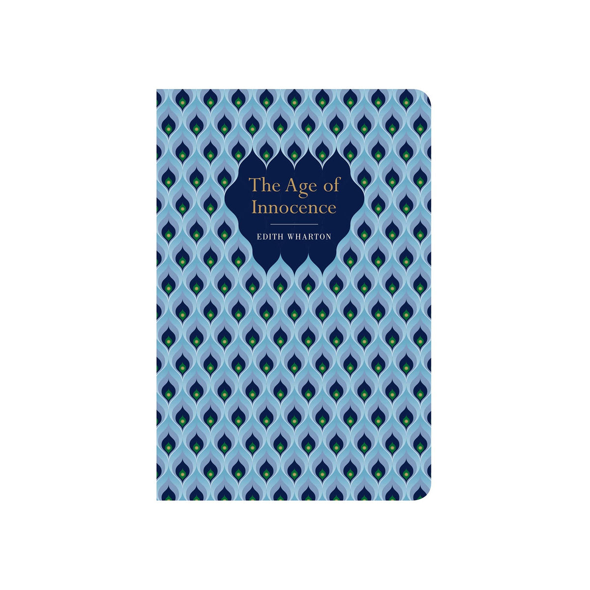 Book cover of 'The Age of Innocence' by Edith Wharton with a blue and green pattern.