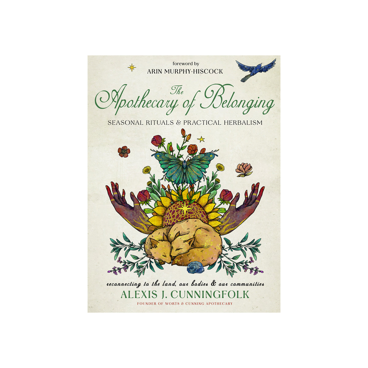 The Apothecary of Belonging book cover by Alexis J. Cunningfold, featuring an illustrated design with a butterfly, moths, flowers, and a sleeping figure on an aged beige background.