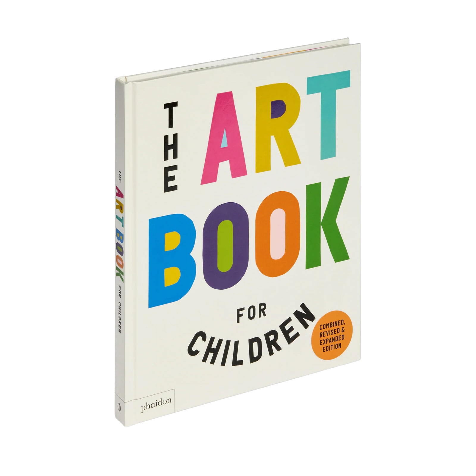 The Art Book for Children, Hardcover, Revised and Expanded Edition by Phaidon. The book cover is off-white with large, colorful block letters spelling out 'ART BOOK' in pink, yellow, blue, green, orange, and purple, with black text reading 'FOR CHILDREN' and a small orange badge.