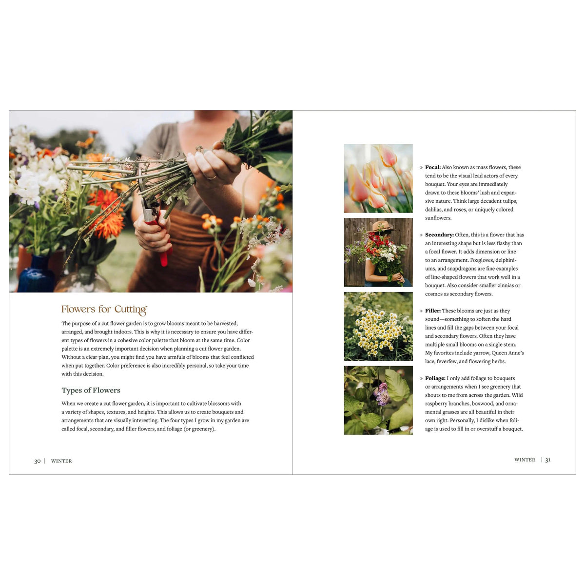 A printed page from a flower guide featuring a large photograph of wildflowers, several columns of text, and small labeled flower diagrams. The page includes the title 'Flowers for Caregiver' and a sidebar labeled 'Types of Flowers.