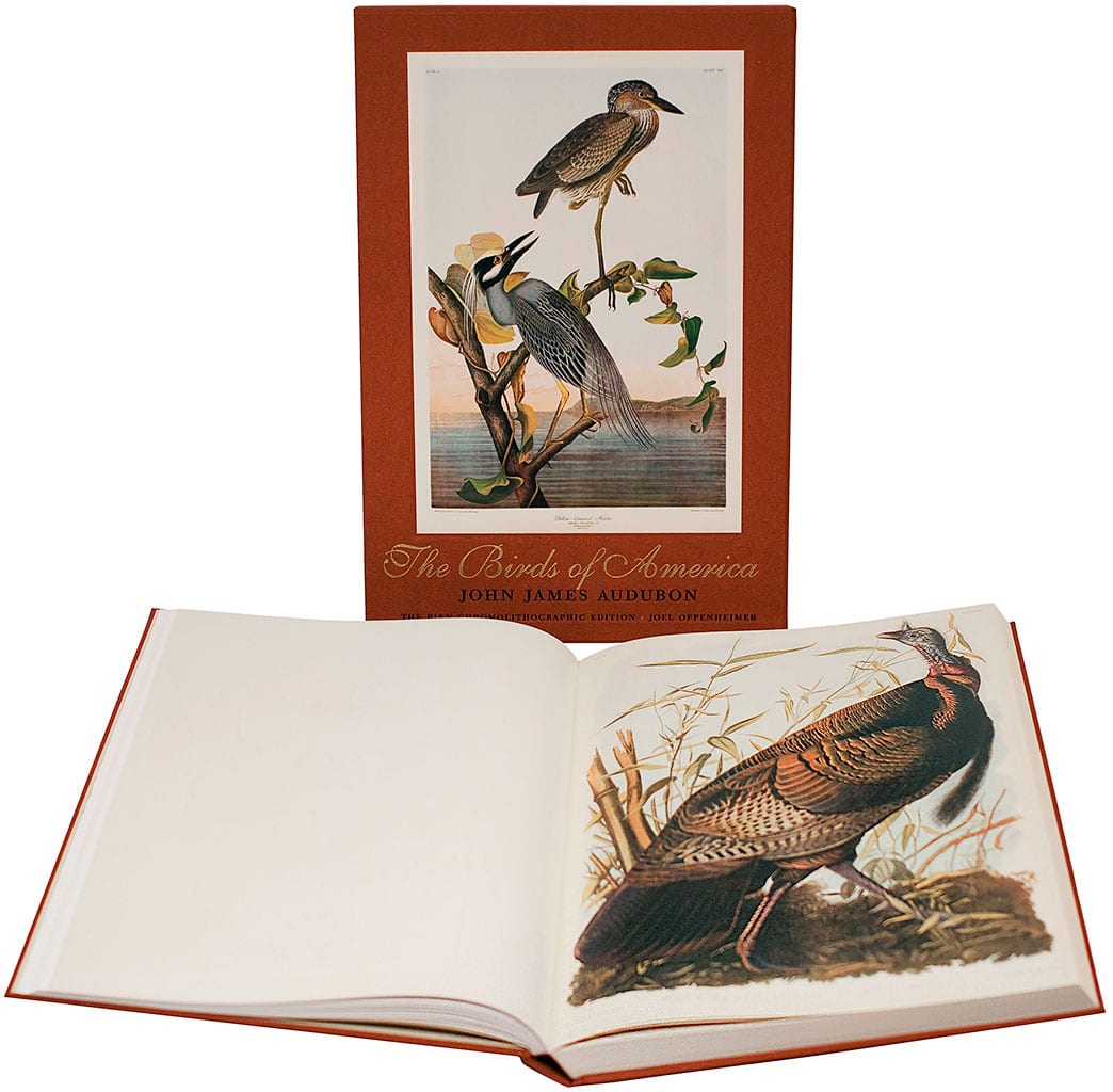 Book titled 'The Birds of America' by John James Audubon with a red cover and bird illustration.