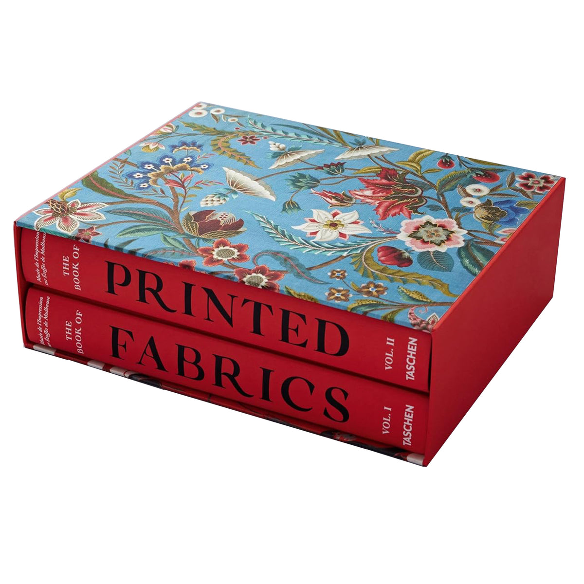 Book set titled &#39;The Book of Printed Fabrics&#39; with floral design on a white background