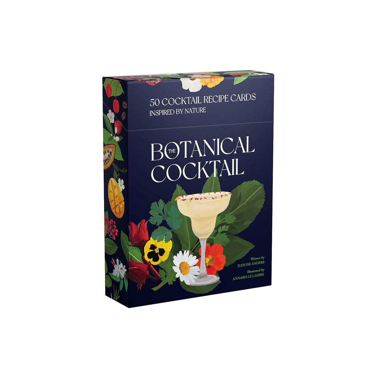 Box of 'The Botanical Cocktail' cocktail recipe cards with colorful illustrations on a white background