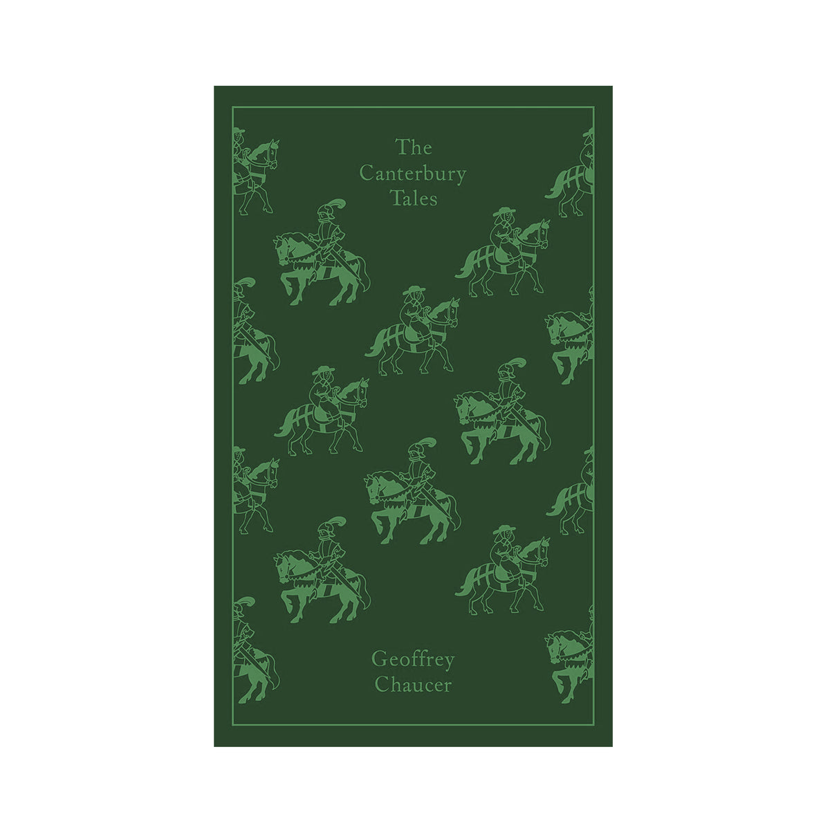 Book cover of 'The Canterbury Tales' with illustrations of pilgrims on horses on a green background
