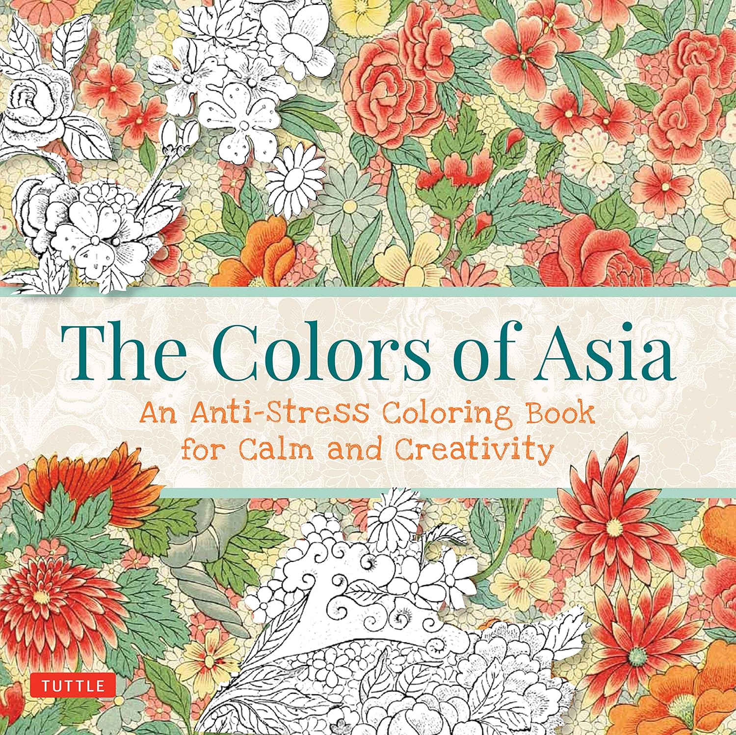 Coloring book cover with floral designs and text 'The Colors of Asia' by Tuttle.