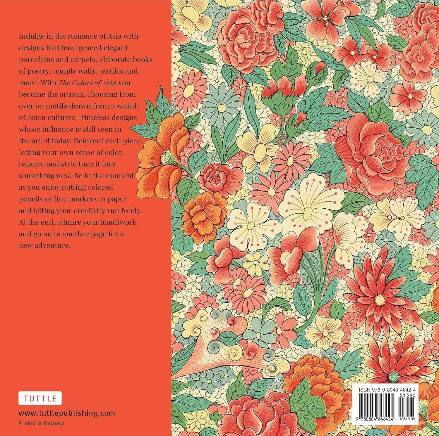 Coloring book cover with floral designs and text 'The Colors of Asia' by Tuttle.