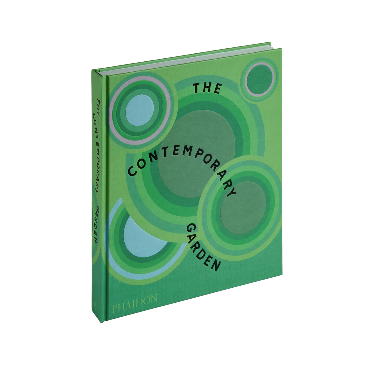 The Contemporary Garden book by Phaidon, featuring a green cover with retro concentric circle patterns and black text, shown on a plain white background.
