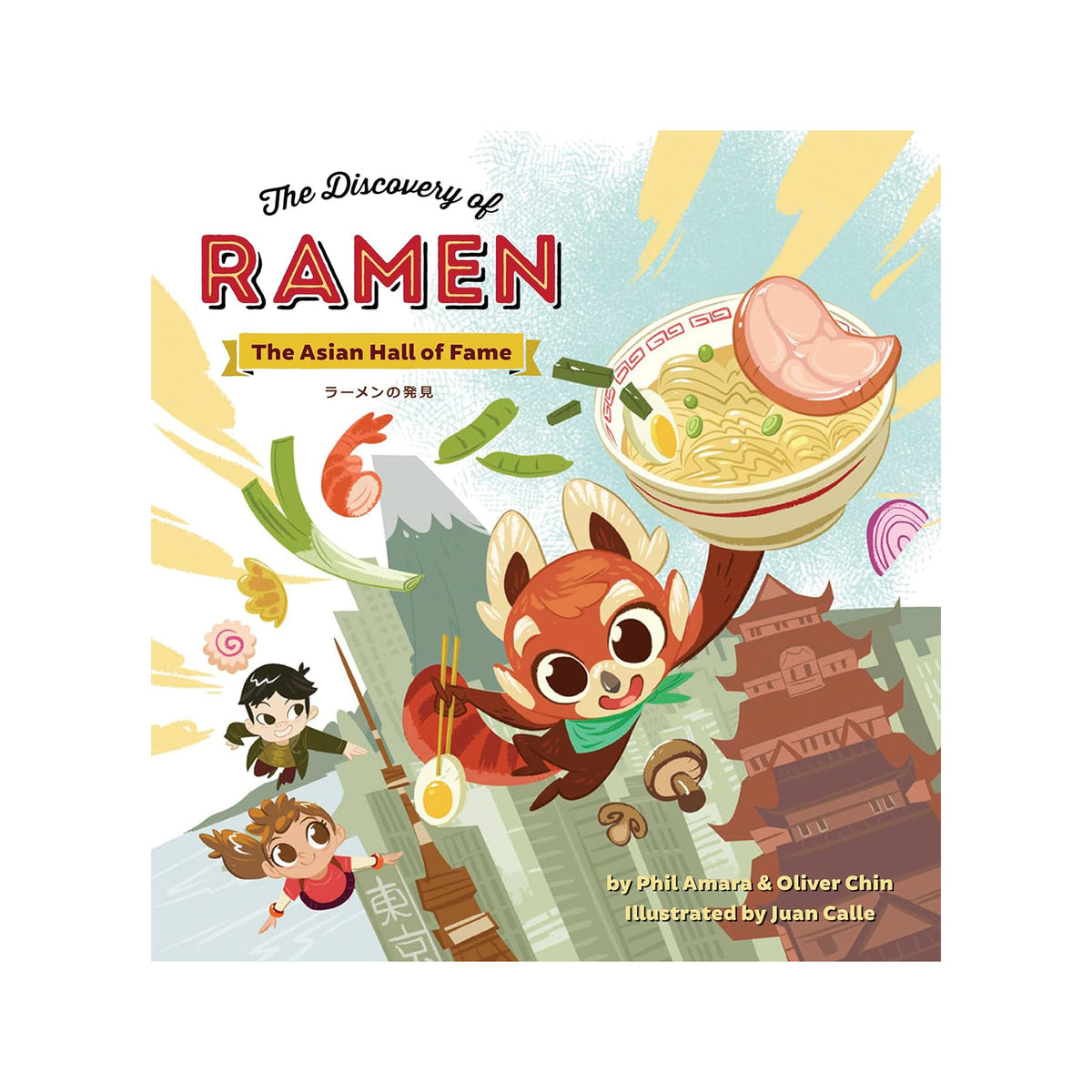 Book cover of 'The Discovery of Ramen' with cartoon characters and ramen illustration.