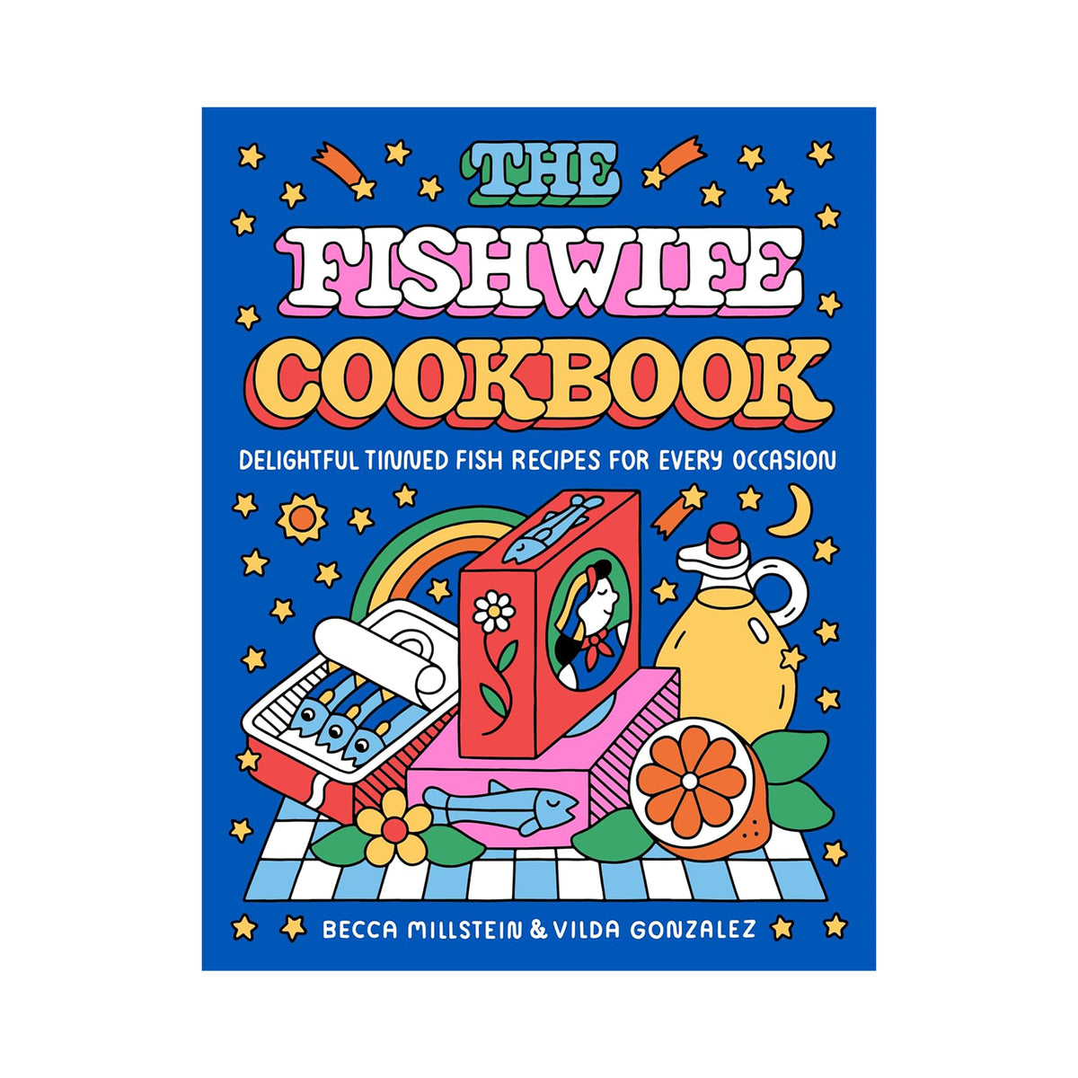 Colorful book cover of 'The Fishwife Cookbook' with illustrations and text on a blue background