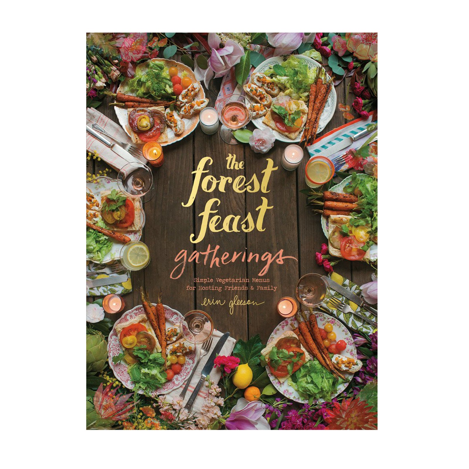 Book cover of 'The Forest Feast Gatherings' with images of food and people around a table.