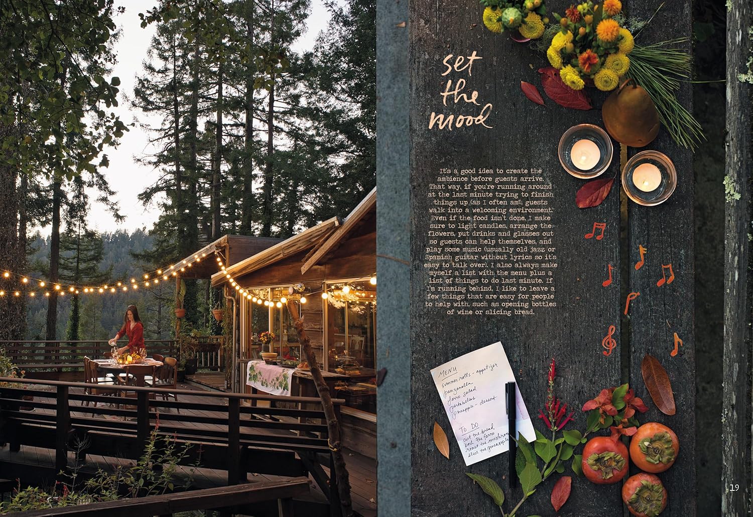 Book cover of 'The Forest Feast Gatherings' with images of food and people around a table.