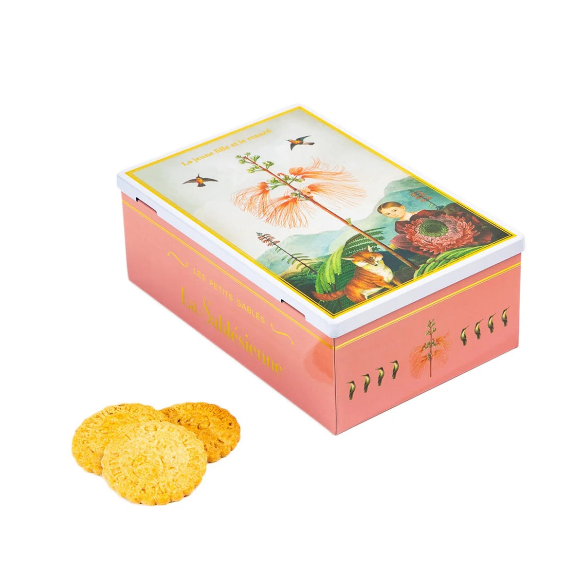 A pink decorative box labeled 'La Salubrité des Champs' with an illustrated floral lid, shown on a white background with three round golden biscuits in front.