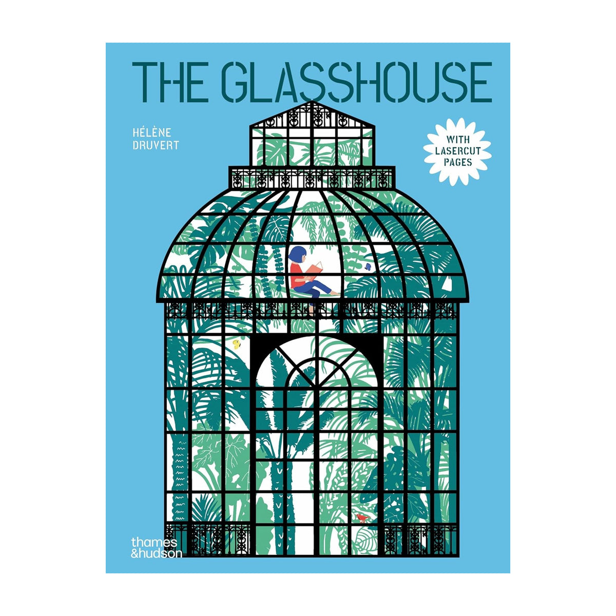 The Glasshouse book cover by Helène Drouvyert, published by Thames & Hudson. The cover features a light blue background with a detailed illustration of a glass conservatory filled with green tropical leaves.