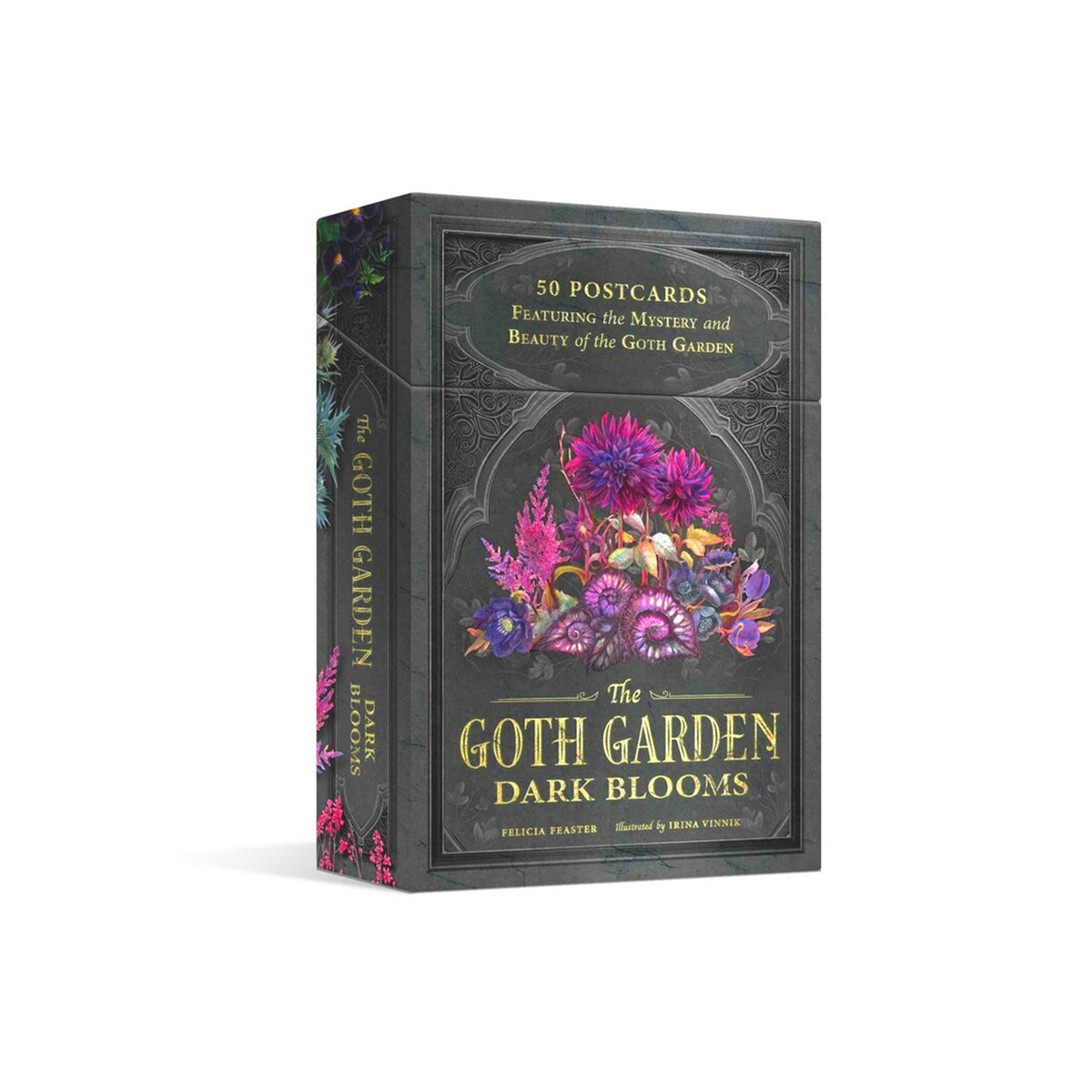 The Goth Garden Dark Blooms postcard deck box, featuring a dark gothic design with a colorful illustration of purple and pink flowers on the front and spine.