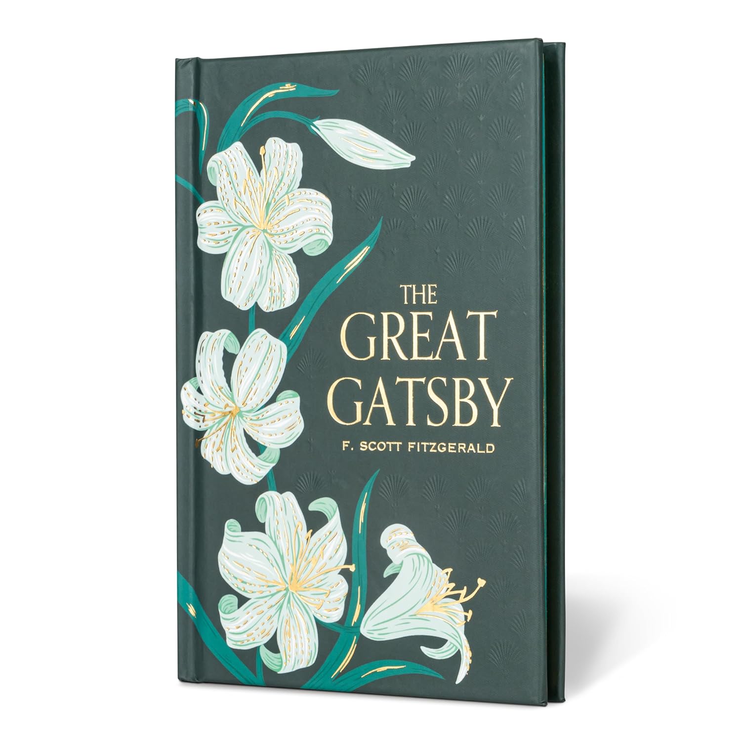Book cover of 'The Great Gatsby' with floral design on a white background
