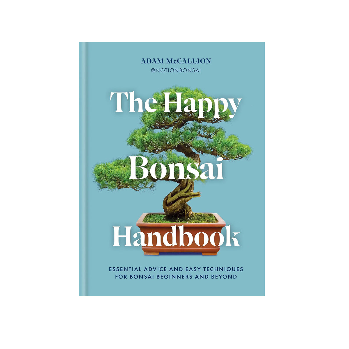 Book cover of 'The Happy Bonsai Handbook' with a bonsai tree on a light blue background