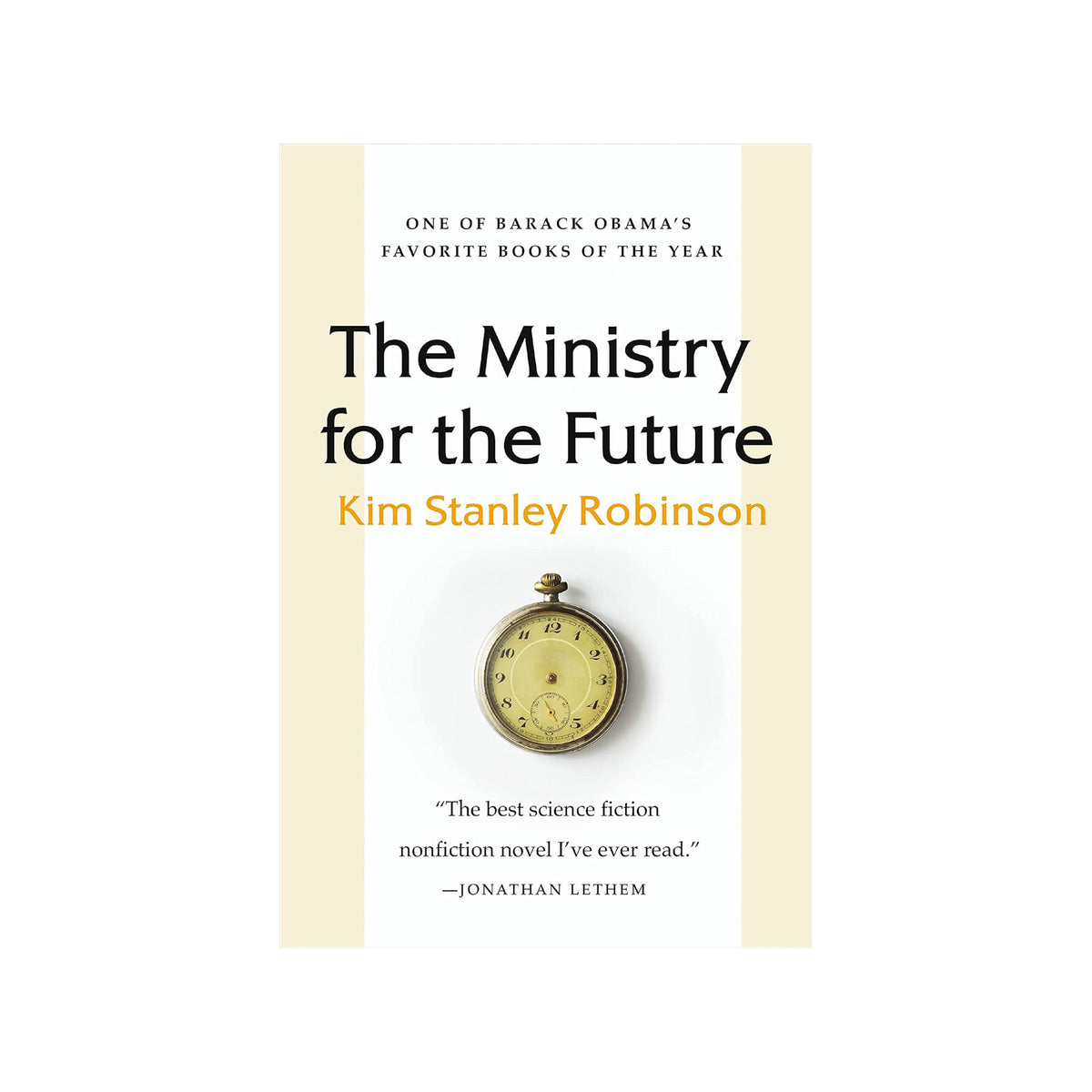 Book cover of 'The Ministry for the Future' by Kim Stanley Robinson with a pocket watch illustration.