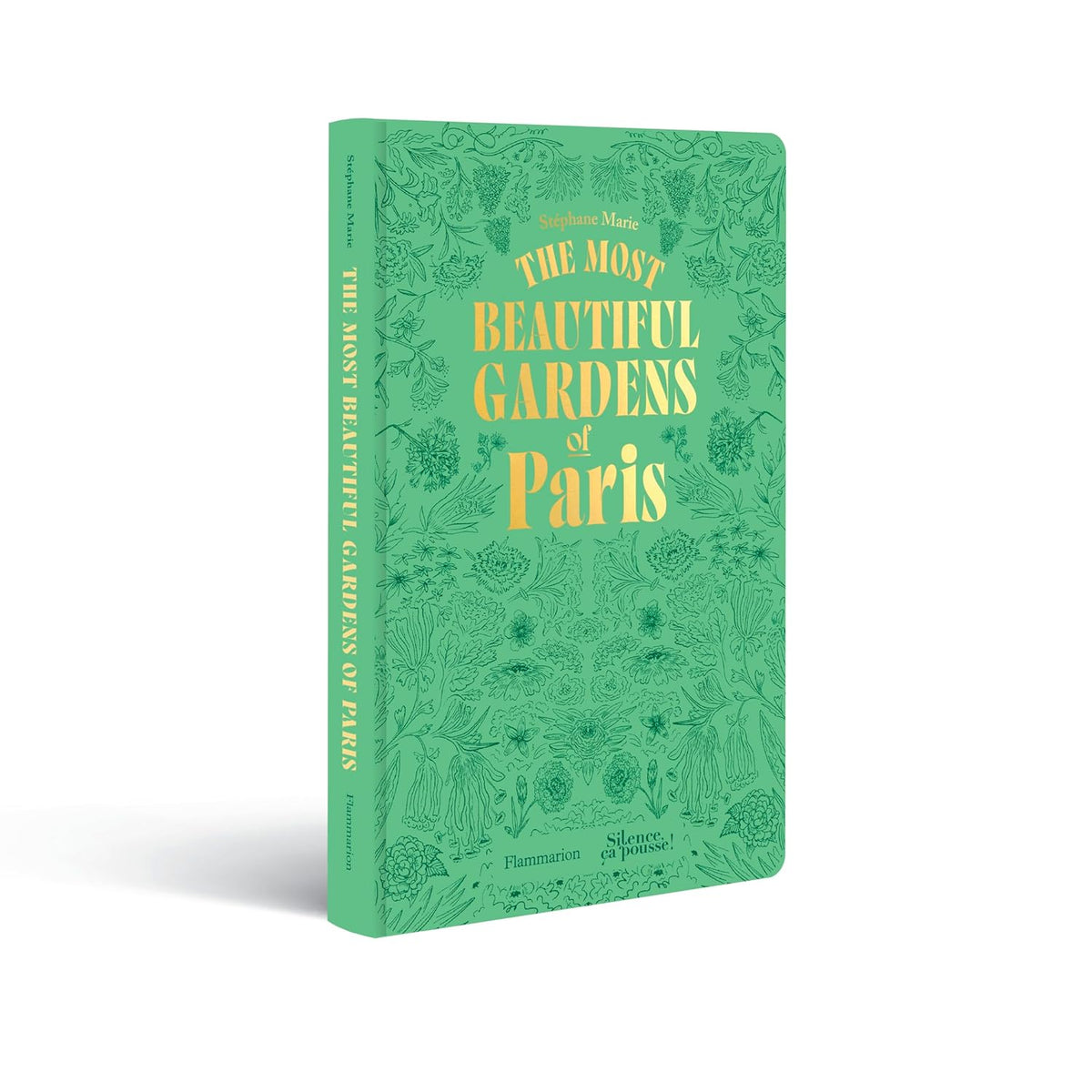 Green book titled 'The Most Beautiful Gardens of Paris' with floral patterns on a white background