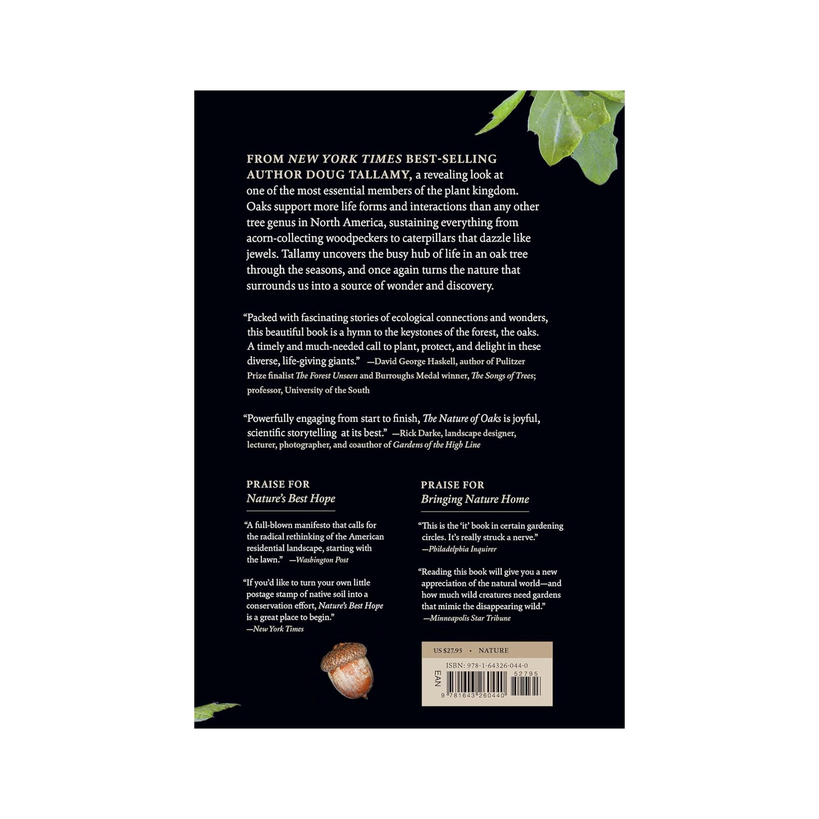 Book cover of 'The Nature of Oaks' by Douglas W. Tallamy with a tree and root illustration on a black background.