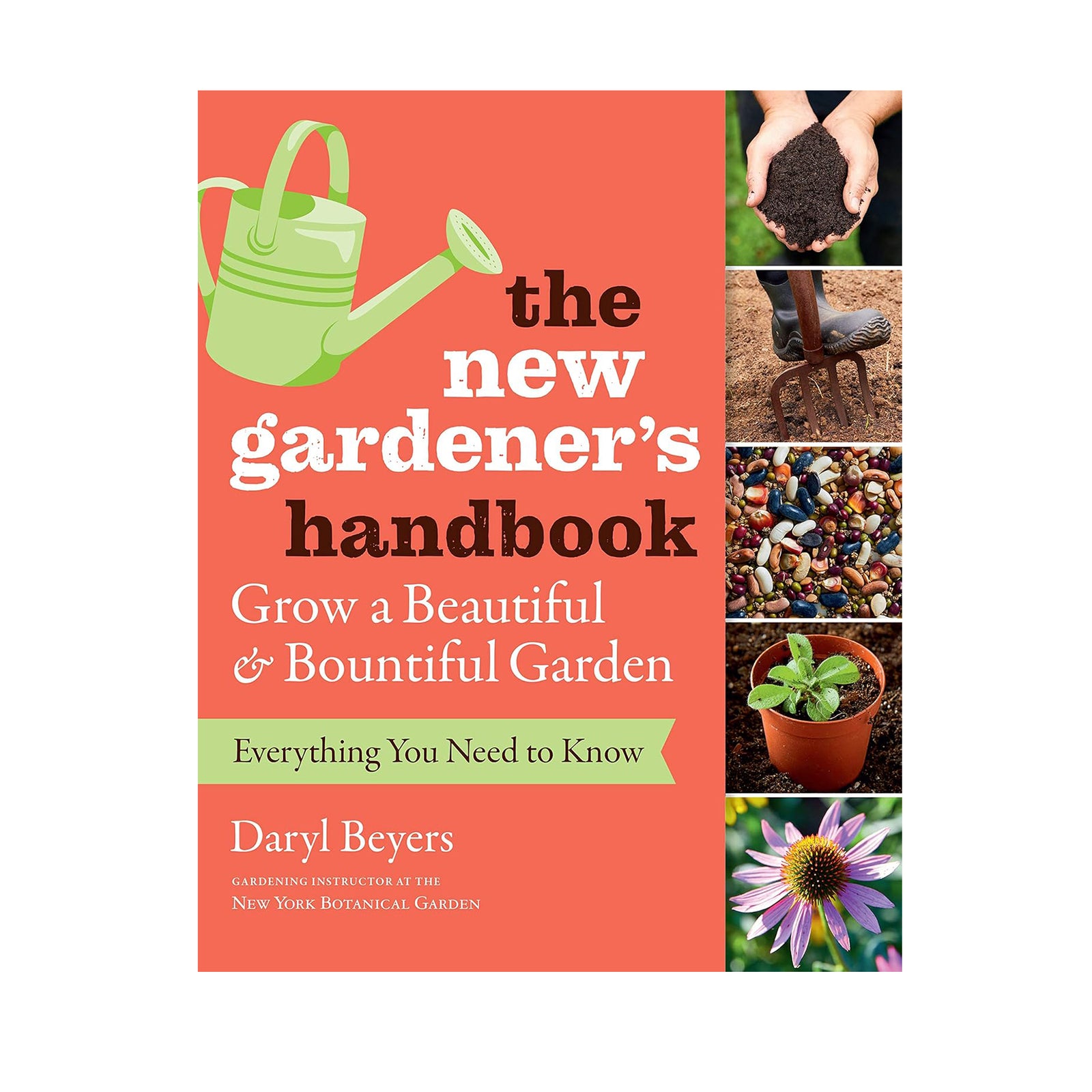 Book cover of 'The New Gardener's Handbook' with gardening images and text.