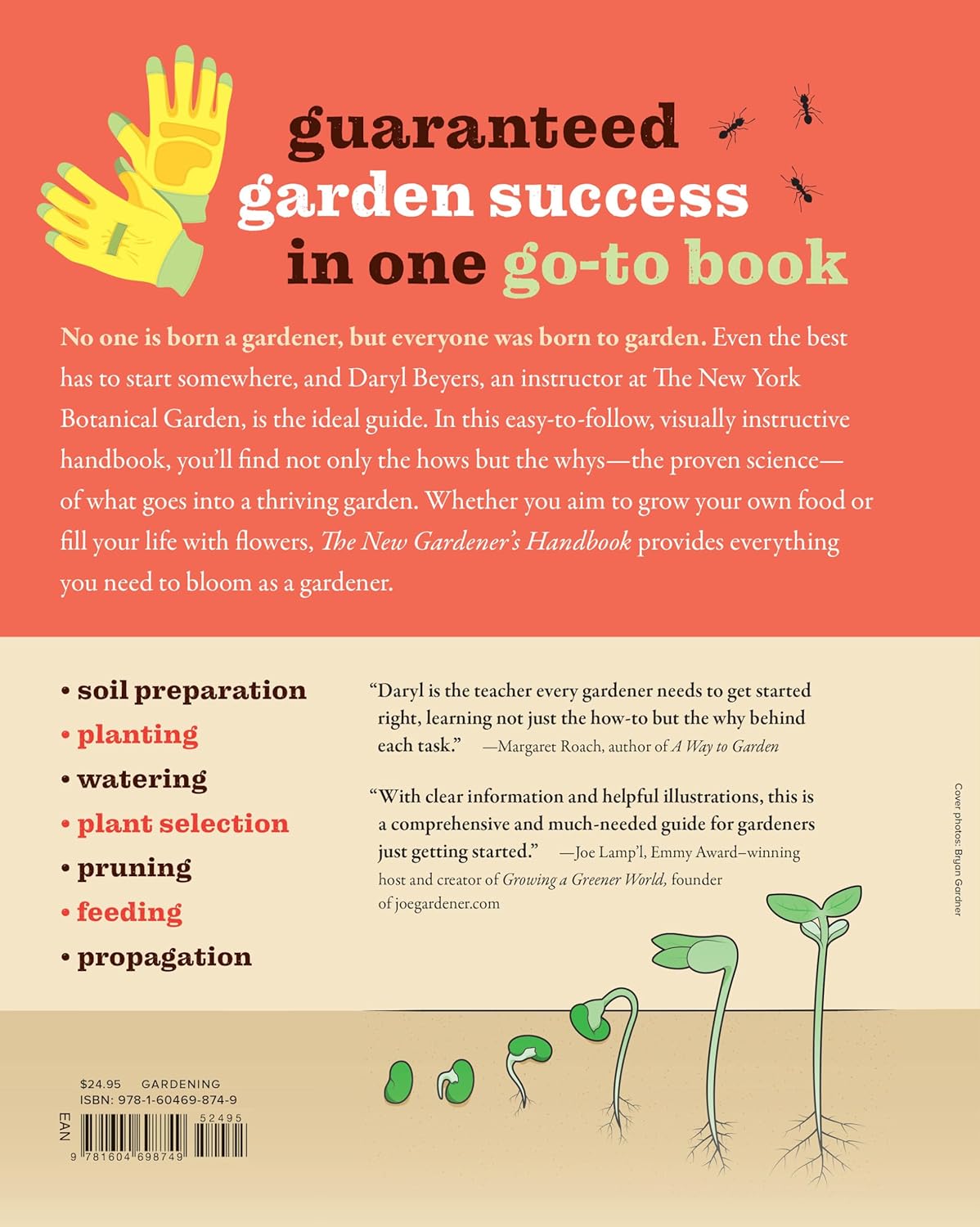 Book cover of 'The New Gardener's Handbook' with gardening images and text.