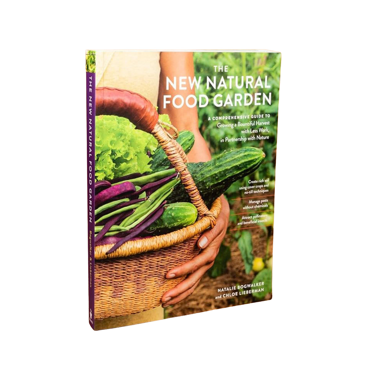 Book cover of 'The New Natural Food Garden' with a person holding a basket of vegetables.