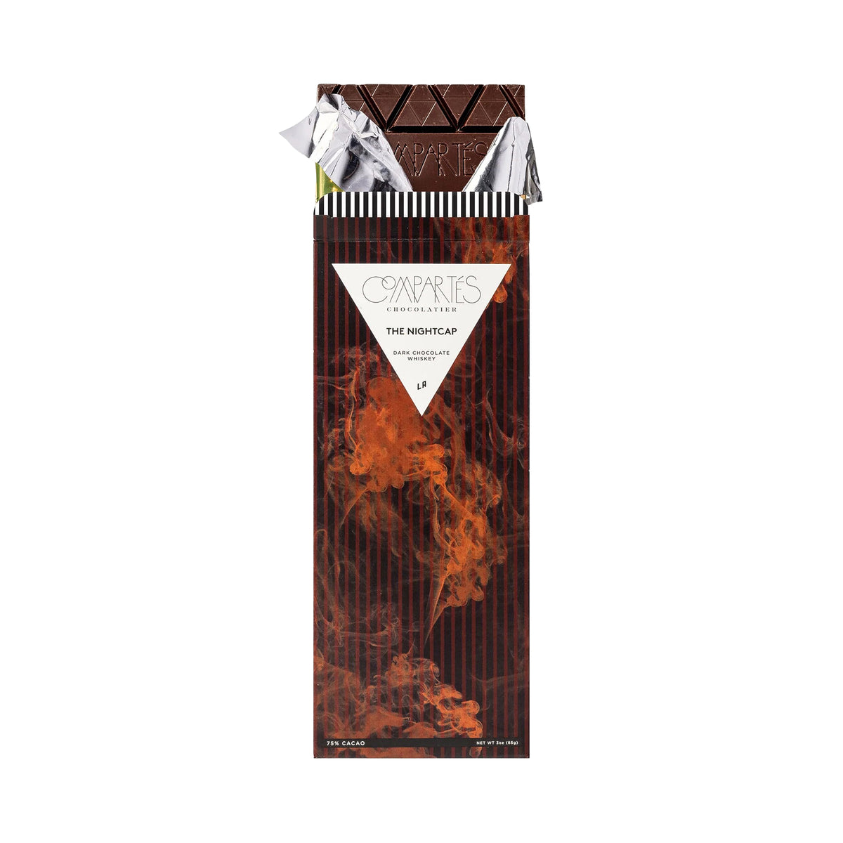 Whiskey-infused vegan dark chocolate bar with a decorative wrapper featuring a brand logo on a white background