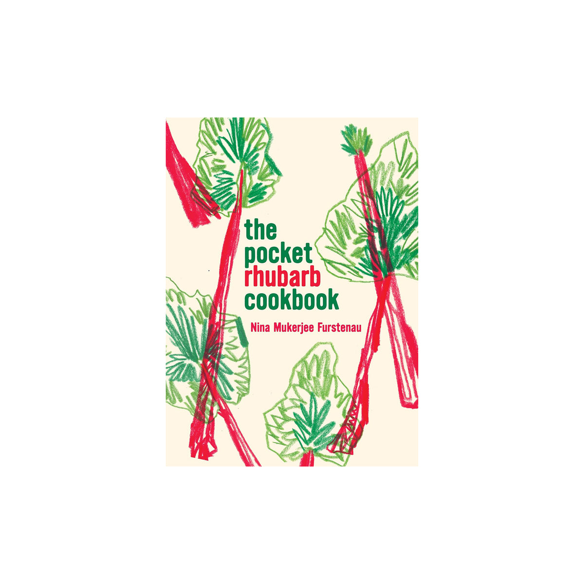 Book cover of 'The Pocket Rhubarb Cookbook' with illustrations of rhubarb on a beige background.