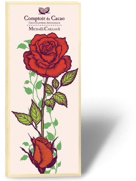 This decadent and delicious dark chocolate bar is made by French artisan chocolatier, Comptoir de Cacao. The packaging for this tasty treat was designed by French artist, Michael Cailloux whose work is inspired by 17th century still life and art nouveau naturalism.  Dark chocolate with pure cocoa butter. 2.82 oz.
