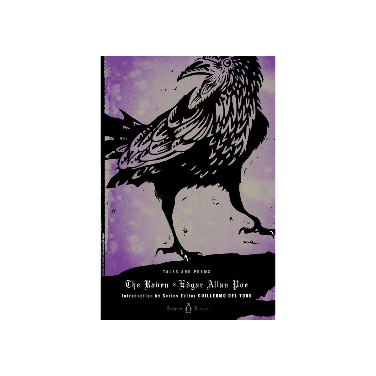 Book cover of 'The Raven' by Edgar Allan Poe with a black silhouette of a raven on a purple background.