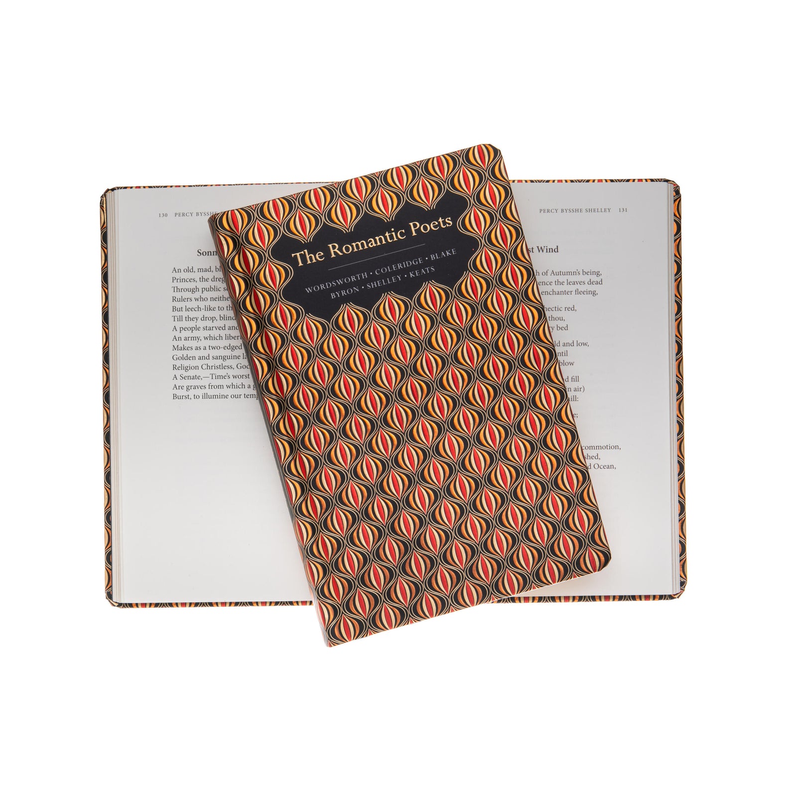 Book with a patterned cover titled 'The Romantic Poets' on a white background