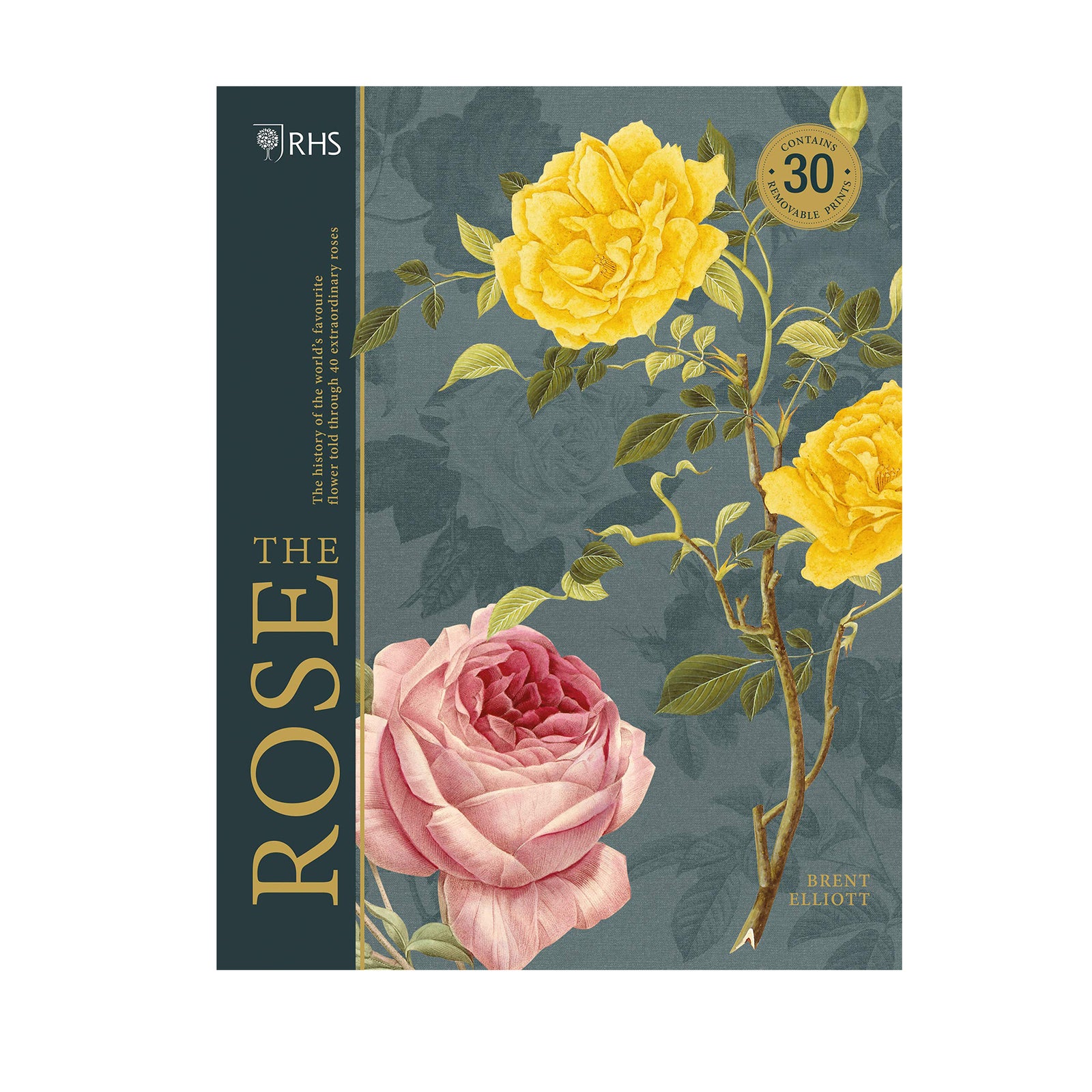 Book cover of 'The Rose' with yellow and pink roses on a dark background, featuring the RHS logo.