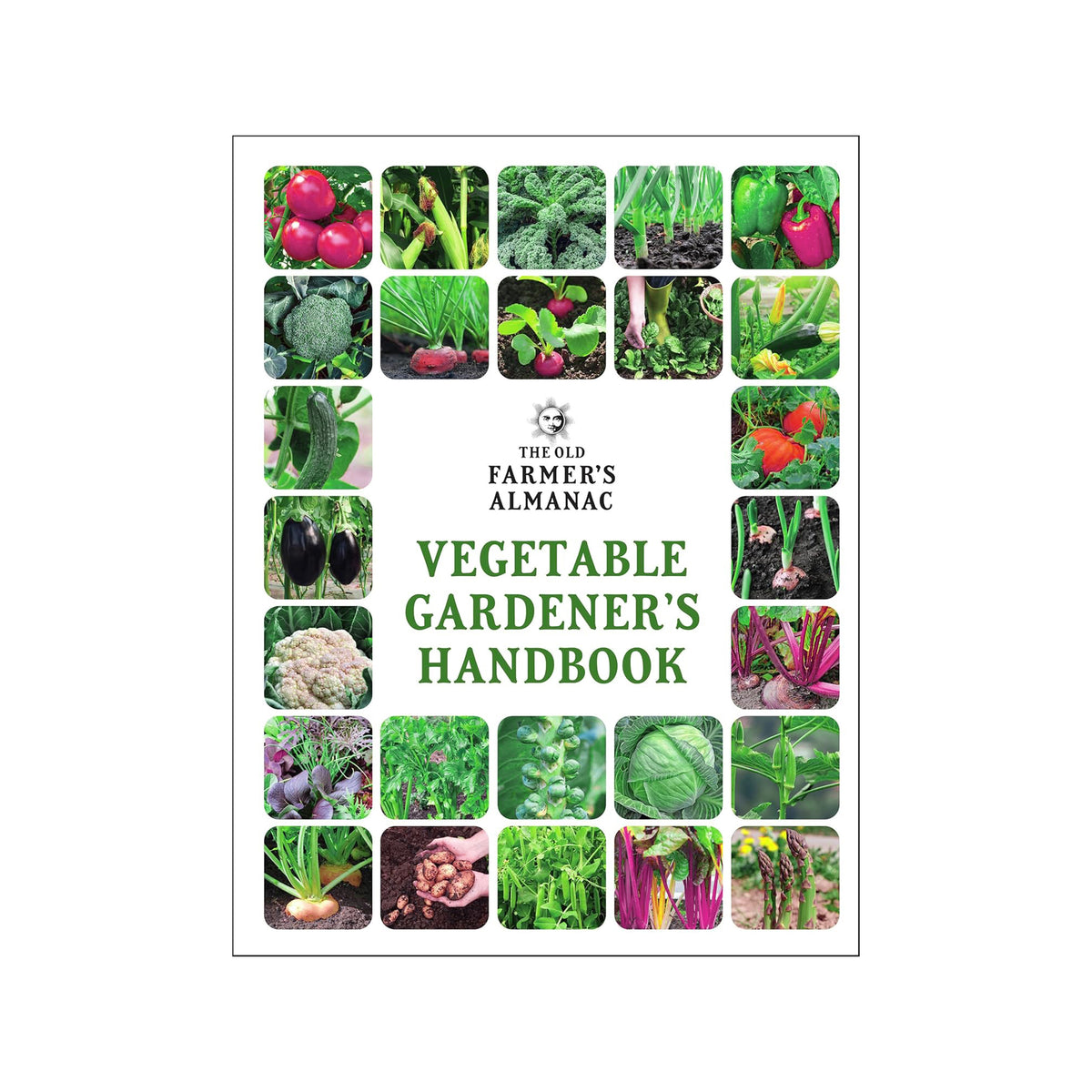Cover of 'The Old Farmer's Almanac Vegetable Gardener's Handbook' with images of vegetables.