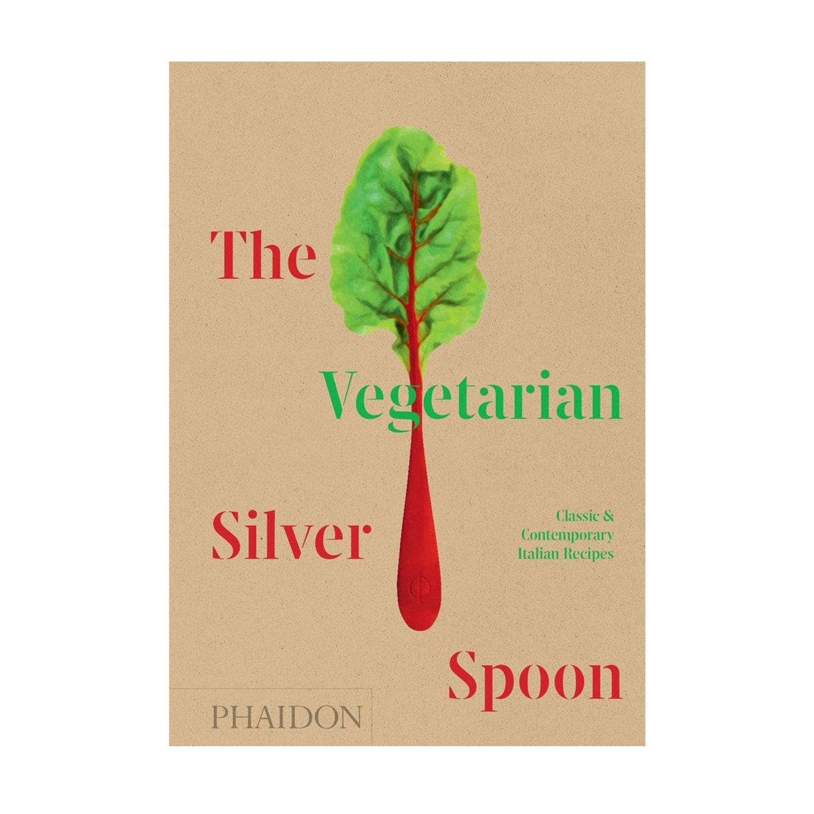Book cover of 'The Vegetarian Silver Spoon' by Phaidon with a red spoon and green leaves on a brown background.