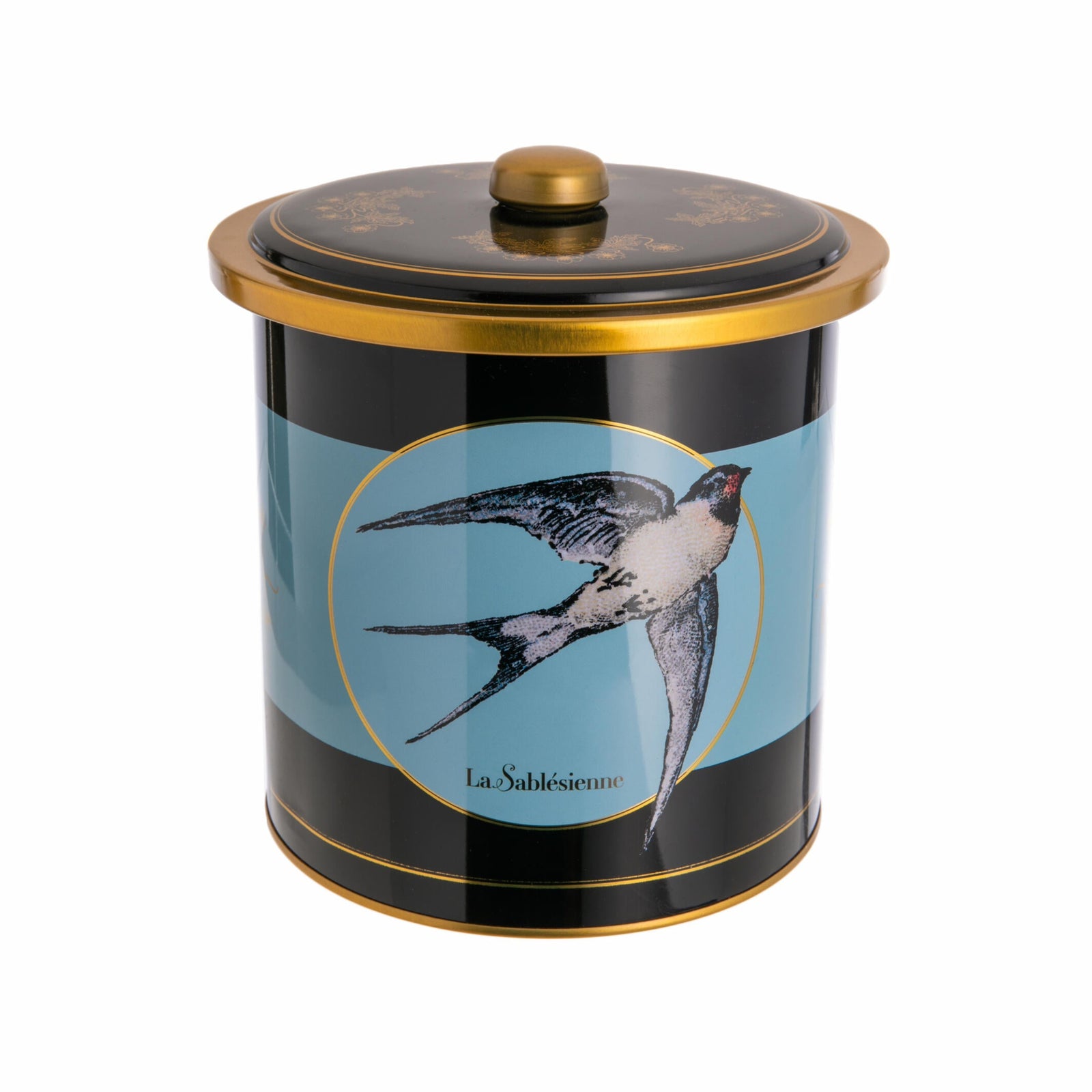 Decorative vintage style shortbread tin with a bird illustration on a blue background