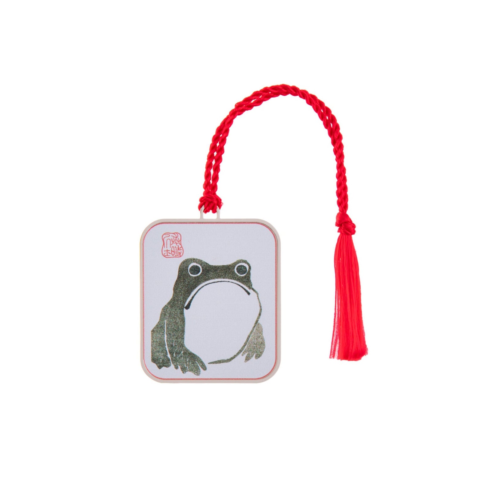 Bookmark with a Japanese frog illustration and red tassel on a white background